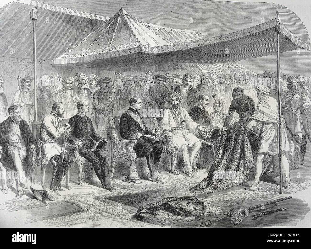 Entrevue à Sealkote, Inde. le 9 mars 1860. Entre le Maharajah Runjeet Singh de Cachemire et son Excellence Lord Canning. Banque D'Images