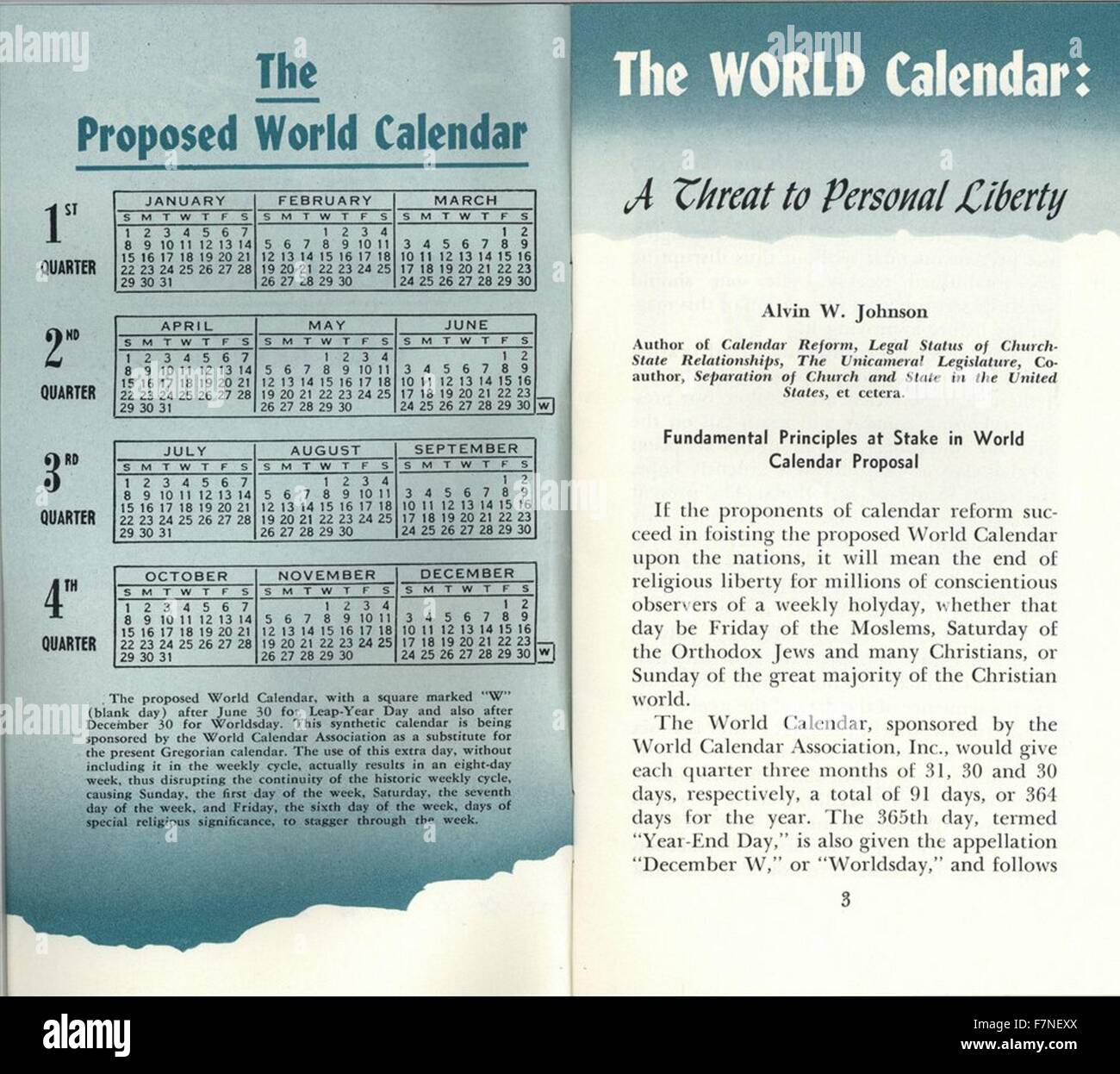 Le monde Calendrier est une proposition de réforme du calendrier Grégorien Conçu par Elisabeth Achelis dans 1930 Banque D'Images