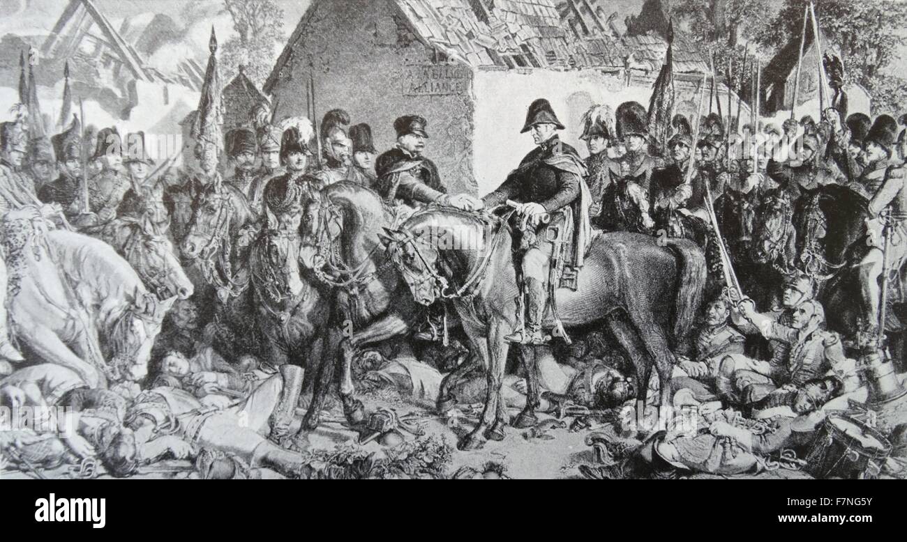 Réunion de Blücher et Wellington. La scène centrale montre le duc de Wellington, réunion avec le maréchal Blücher prussien à l'hôtel La Belle Alliance après la bataille de Waterloo. Banque D'Images