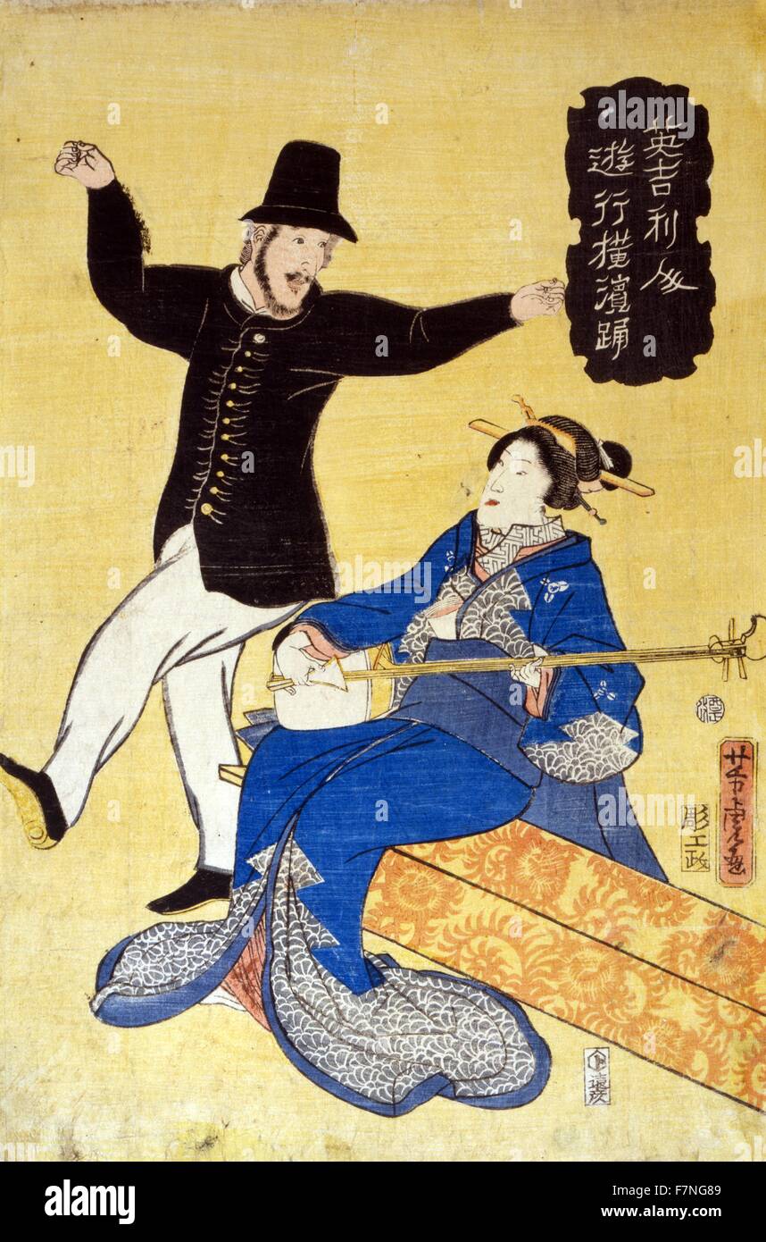 Anglais danse de Yokohama. Imprimer japonais montre un anglais danser tandis qu'une femme japonaise joue le shamisen, Yokohama, Japon. Par Yoshitora Utagawa. Banque D'Images