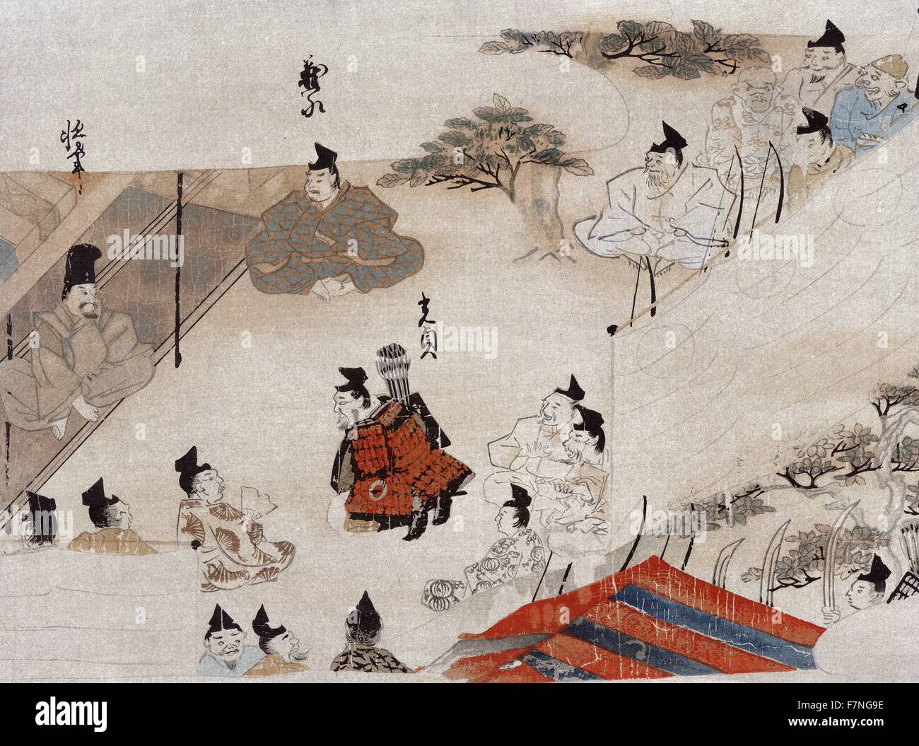 Les négociations. Imprimer montre un homme portant une armure rembourrée avec un carquois plein de flèches à genoux devant un homme assis sur une plate-forme surélevée avec des membres de sa cour assis à la périphérie de l'aire fermée pour la plupart, les soldats avec des arcs et des épées d'attendre à l'extérieur de l'enceinte. Banque D'Images