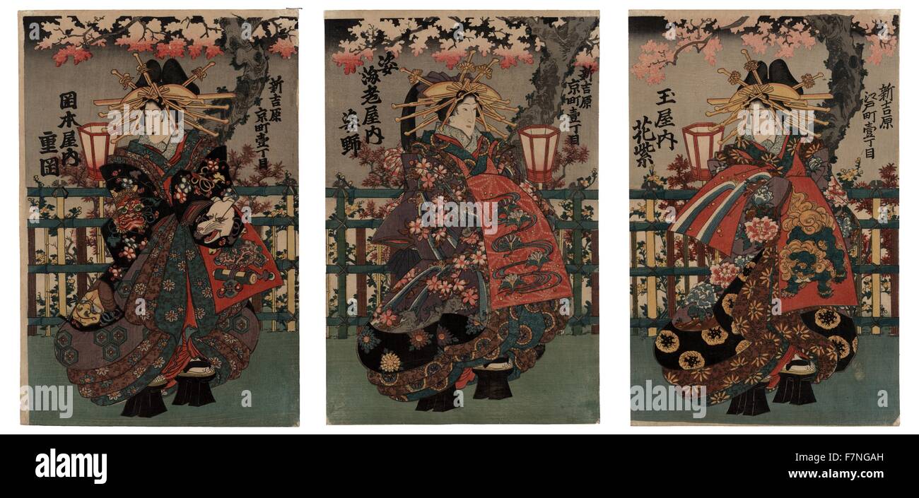 La courtisane de Shigeoka Okamoto-ya : Le Sugatano Sugataebi de courtisane-ya : La courtisane Hanamurasaki de Tama-ya. L'Ukiyo-e triptyque montrant trois courtisanes (shin yoshiwara). La section gauche : Hanamurasak de Tamaya chambre sur rue Edo. Partie centrale : Sugatano Ebiya de maison sur Kyo Street. Section : droit d'Okamotoya Shigeoka chambre sur rue Kyo. Banque D'Images