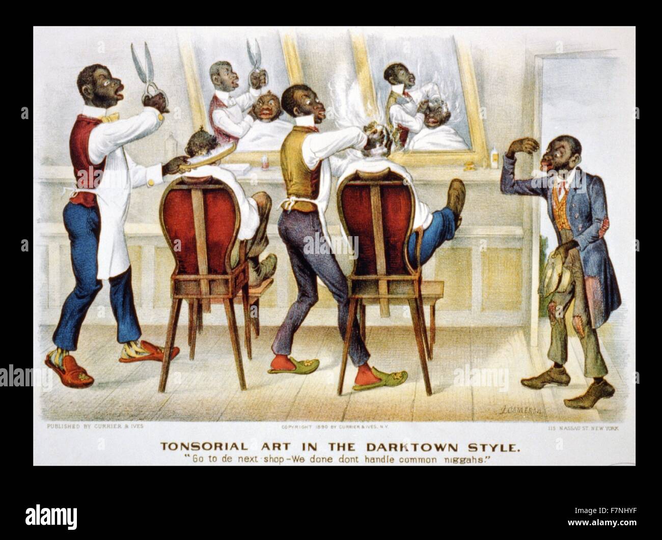 Dans l'art Tonsorial darktown style : "Rendez-vous de magasin le plus--nous fait ne pas manipuler les niggahs.' Rascist american Illustration par John Cameron, 1890 Banque D'Images