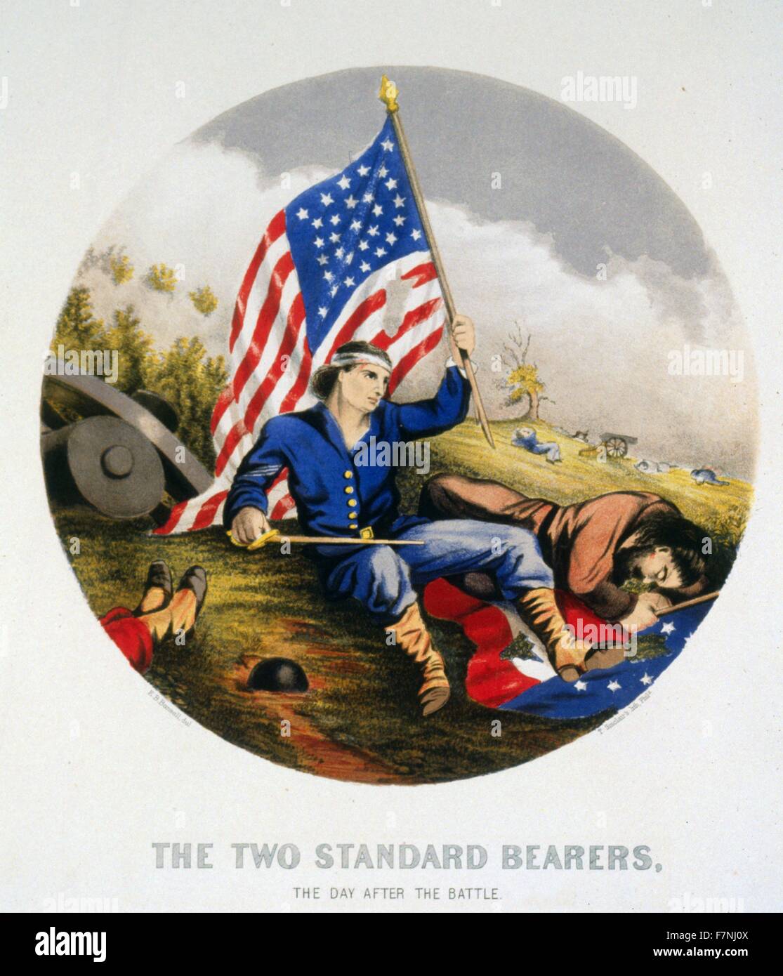 Les deux porteurs de normes, le lendemain de bataille c1864. Couverture de musique montrant soldat blessé assis sur le terrain en champ de bataille pendant la guerre civile américaine, tenant un drapeau dans une main et une épée dans l'autre. Banque D'Images