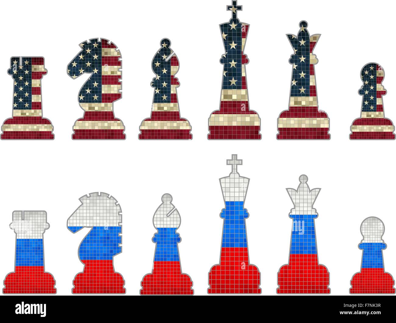 Pièces des échecs avec drapeau USA et pièces des échecs avec la Russie d'un drapeau Illustration de Vecteur