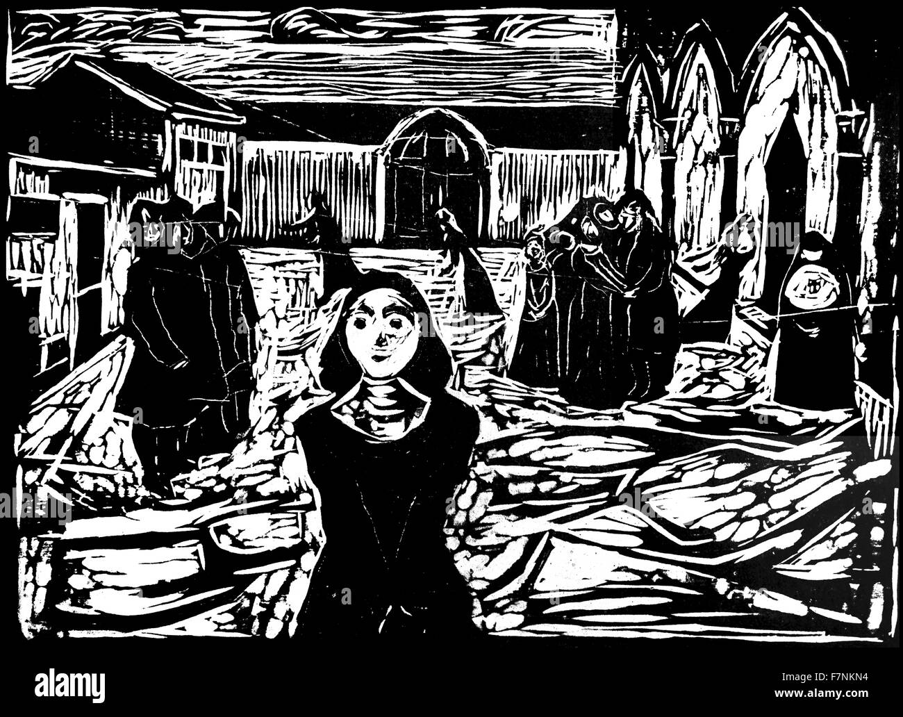 Gravure sur bois représentant des religieuses dans la cour d'un couvent d'Edvard Munch (1863-1944) peintre et graveur norvégien le plus connu pour sa peinture intitulée "Le Cri". Il a été grandement influencé par l'expressionnisme allemand. Datée 1905 Banque D'Images