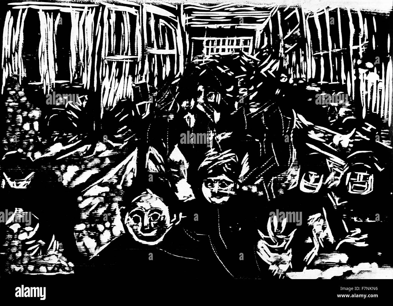 Gravure sur bois dépeignant des personnes marchant dans une rue d'Edvard Munch (1863-1944) peintre et graveur norvégien le plus connu pour sa peinture intitulée "Le Cri". Il a été grandement influencé par l'expressionnisme allemand. Datée 1905 Banque D'Images