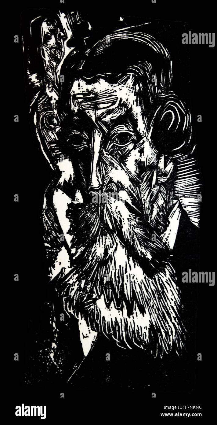 Gravure sur bois portrait d'un homme barbu par Ernst Ludwig Kirchner (1880-1938) peintre expressionniste allemand, graveur, et co-fondateur Die Brücke. Datée 1920 Banque D'Images