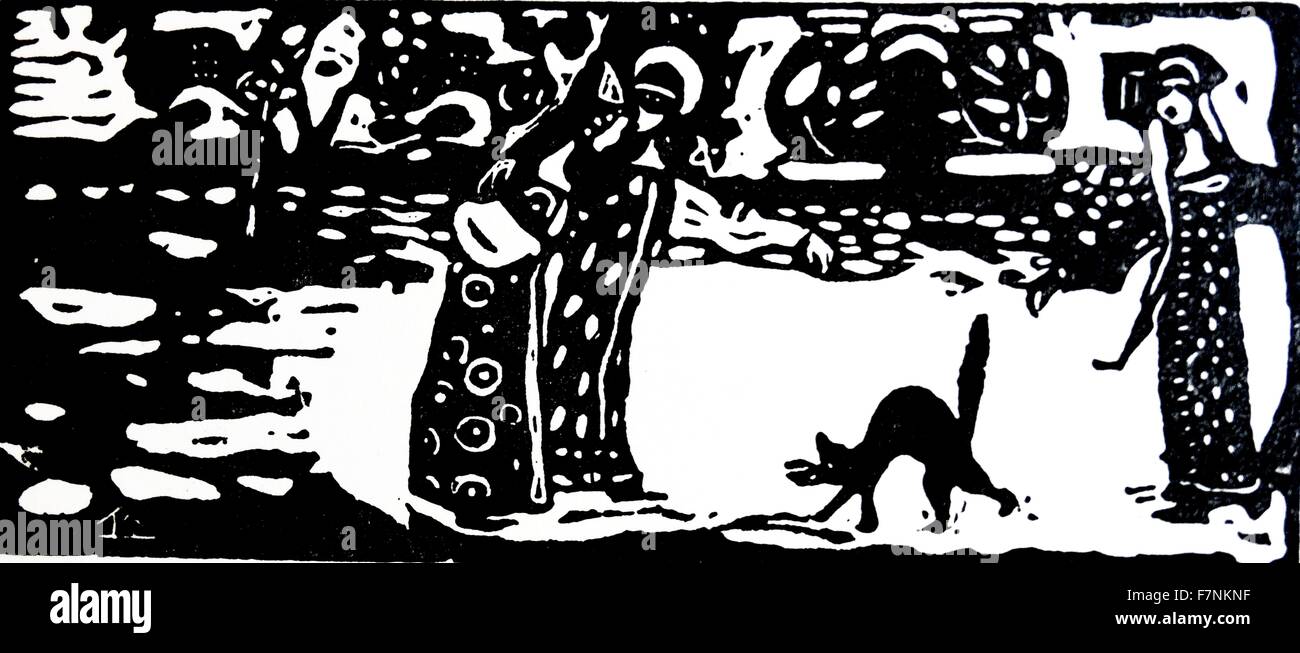 Gravure sur bois représentant trois chiffres avec un chat par Vassily Kandinsky (1866-1944) peintre et théoricien de l'art russe. Datée 1913 Banque D'Images