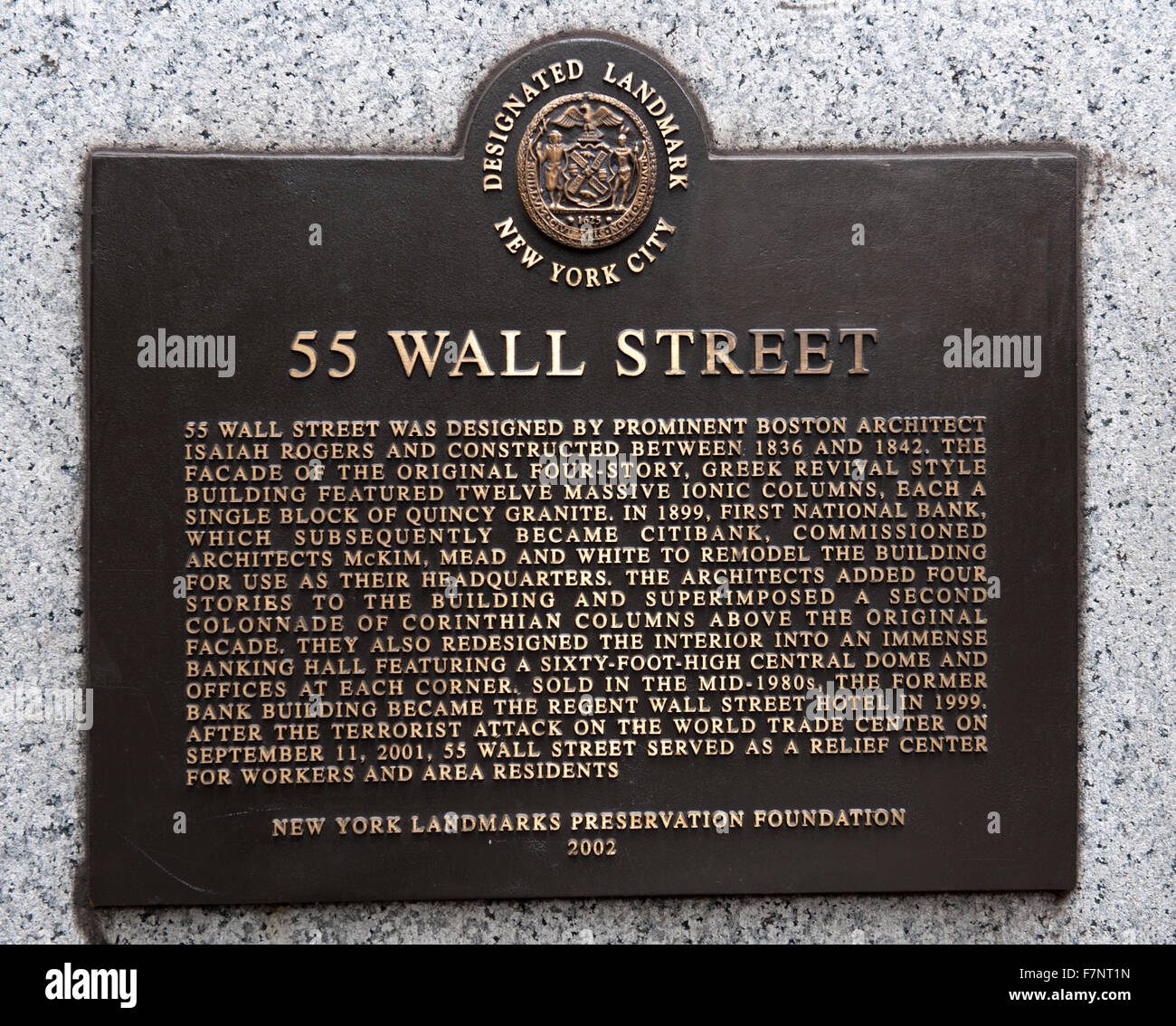 Plaque à 55 Wall Street, Manhattan, New York City, New York, USA Banque D'Images