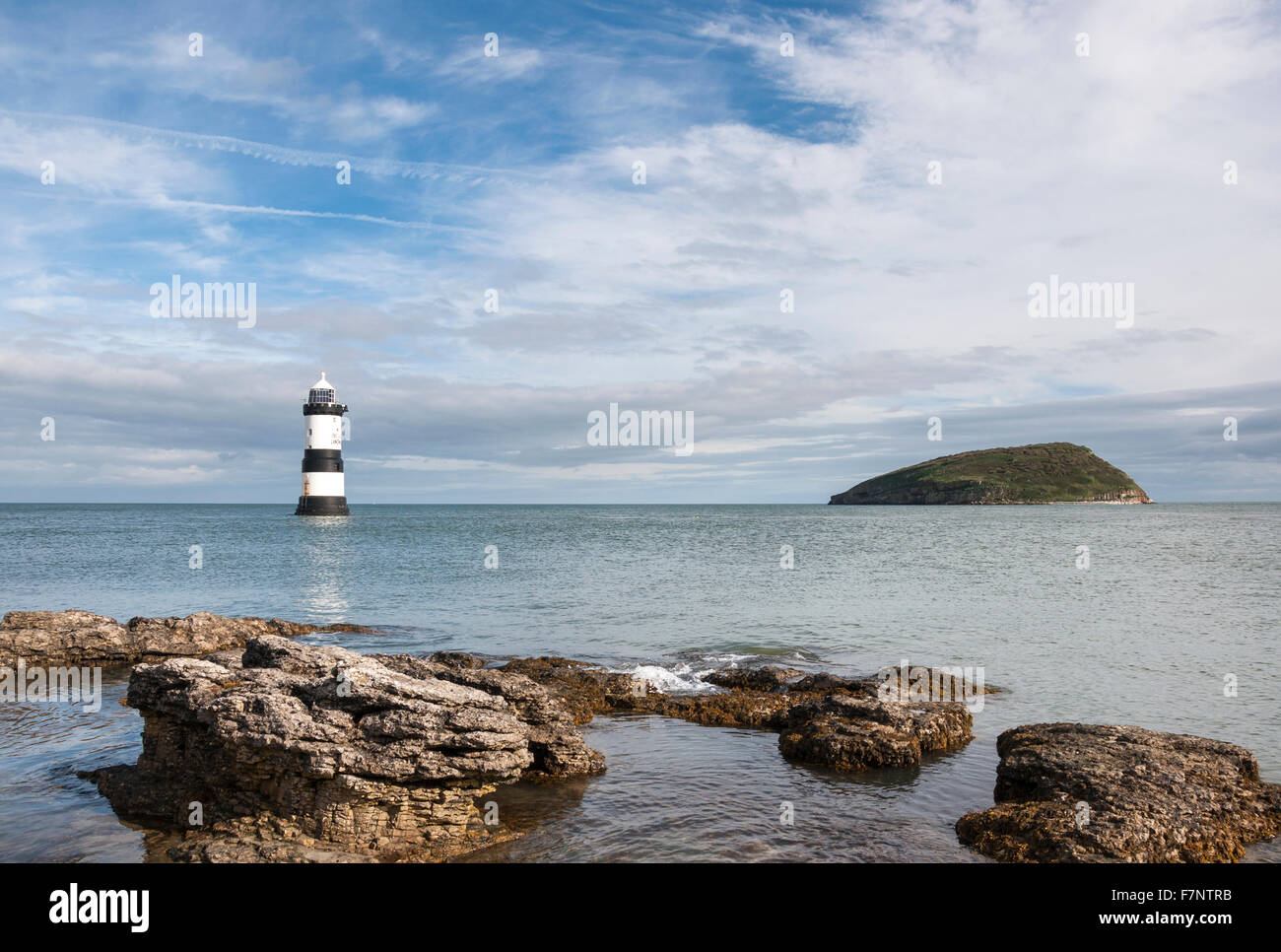 Penmon phare et rock macareux sur la côte d'Anglesey, dans le Nord du Pays de Galles. Banque D'Images