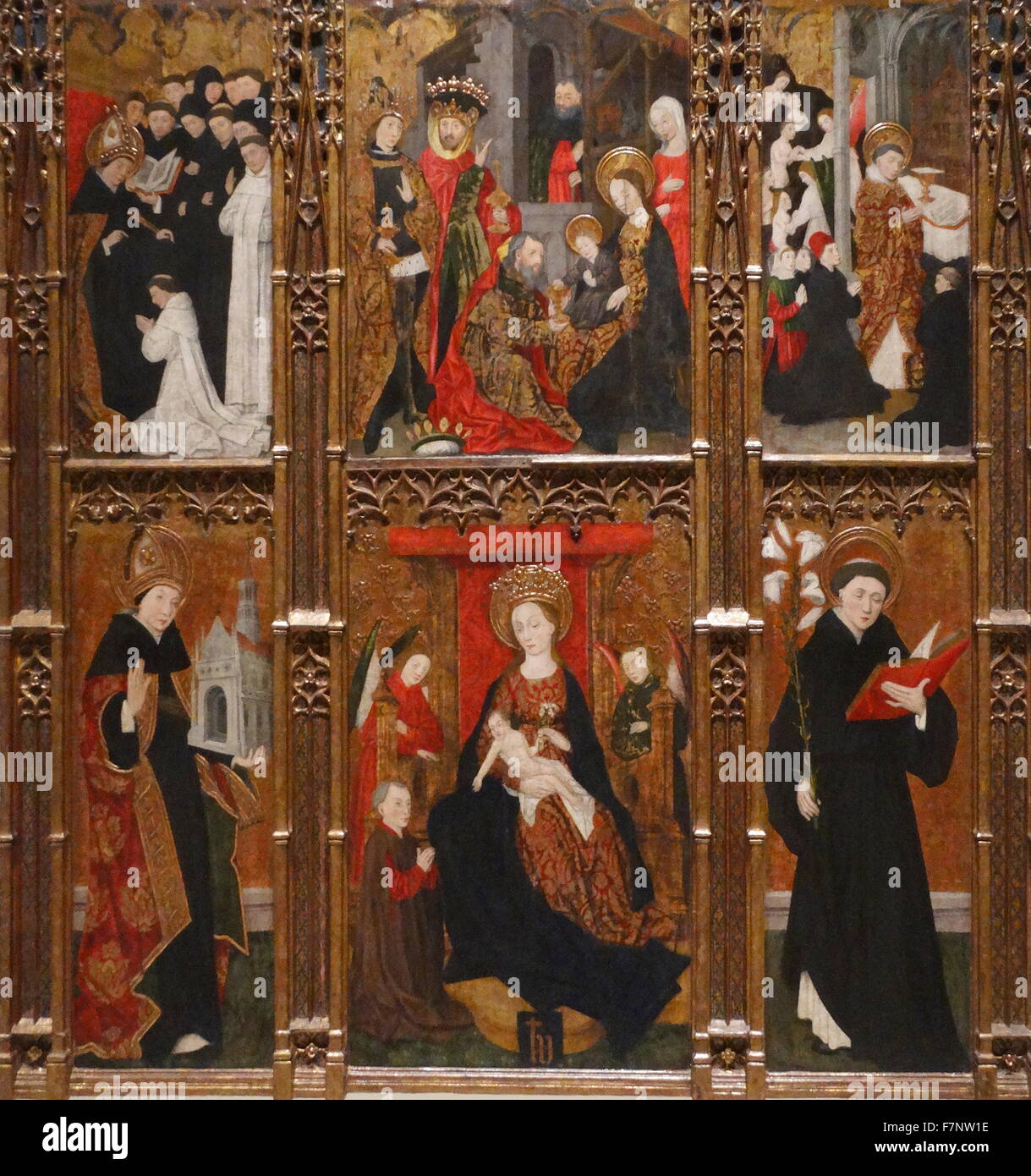 Retable de la Vierge, saint Augustin et Saint Nicolas de Tolentino par Antoine de Lonhy (1446-1490), peintre et miniaturiste peintre verre français. En date du 15e siècle Banque D'Images