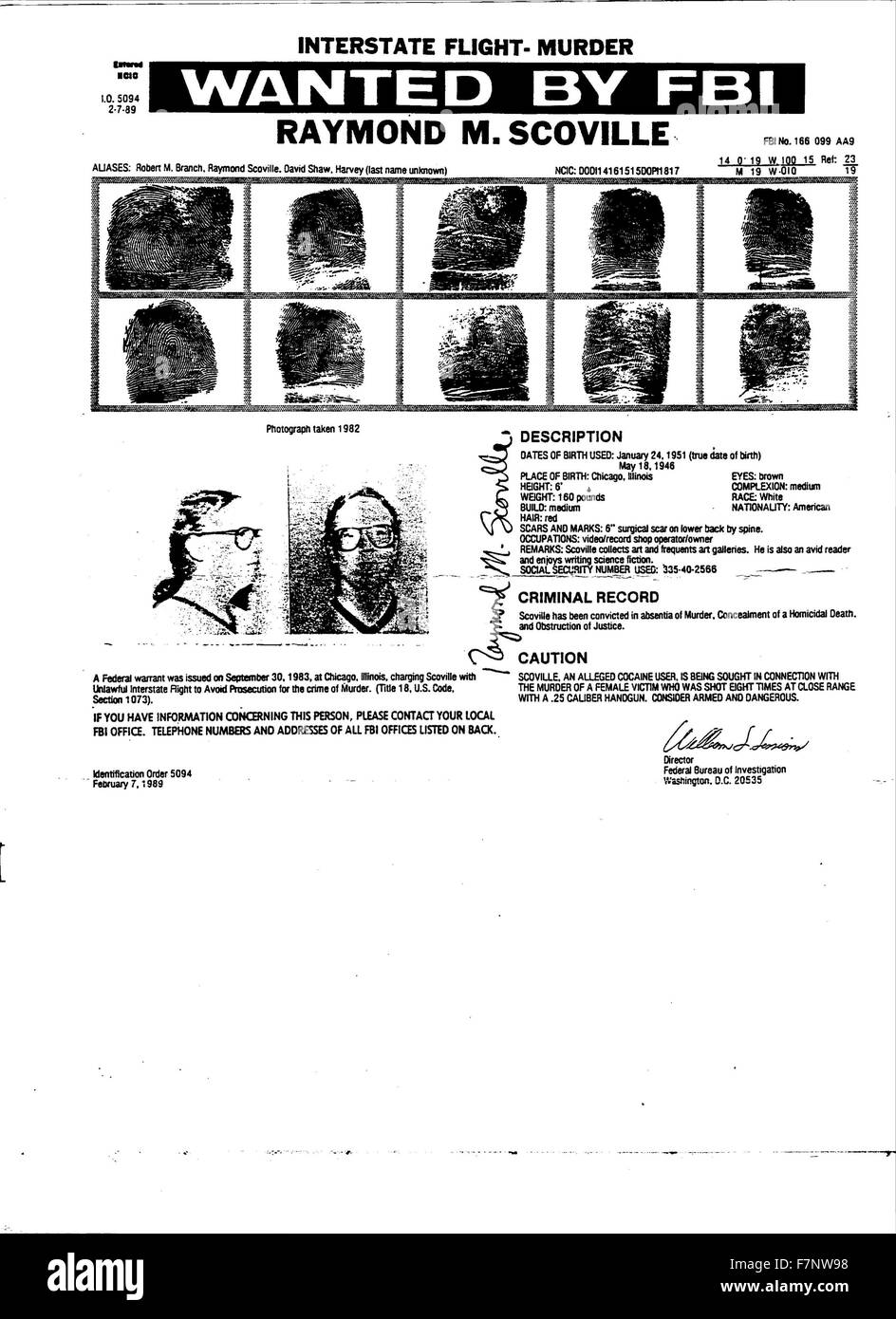 Avis de recherche émis par le FBI pour Raymond M. Scoville recherché pour son meurtre. Datée 1983 Banque D'Images
