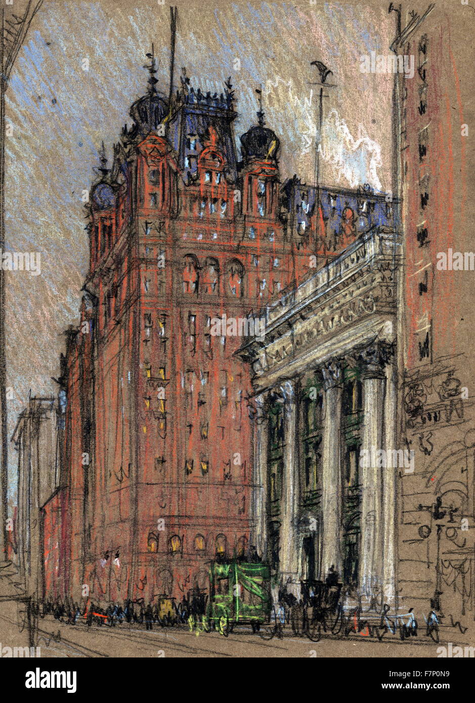 Hôtel Waldorf Astoria, 34e Rue et la 5ème Avenue en 1906 par Joseph Pennell, 1857-1926, l'artiste : la ville de New York. Vue vers le bas en diagonale la Cinquième Avenue, grand chariot vert sur la rue et beaucoup de monde sur le trottoir avec les chiffres griffonnés, ancien bâtiment de la banque à grande présence rouge de l'ancien hôtel Waldorf Astoria, dômes en oignon, antennes ci-dessus. Banque D'Images