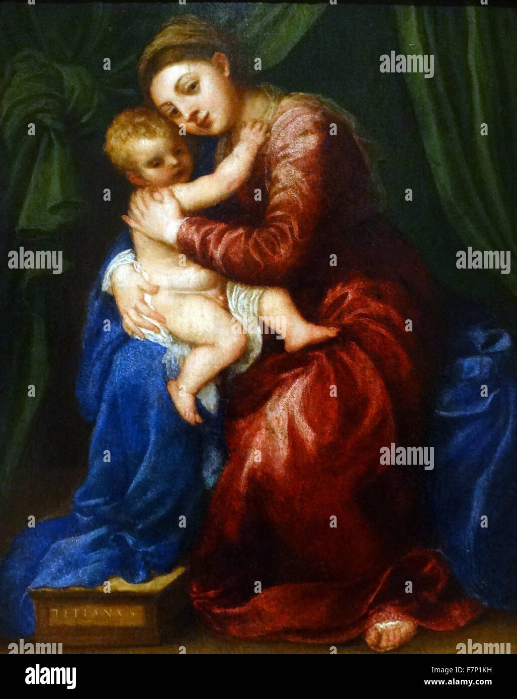 La peinture intitulée 'Vierge à l'enfant de Tiziano Vecellio (1489-1567) également connu sous le nom de Titan, un peintre italien, le membre le plus important du 16ème siècle l'école vénitienne. En date du 16e siècle Banque D'Images
