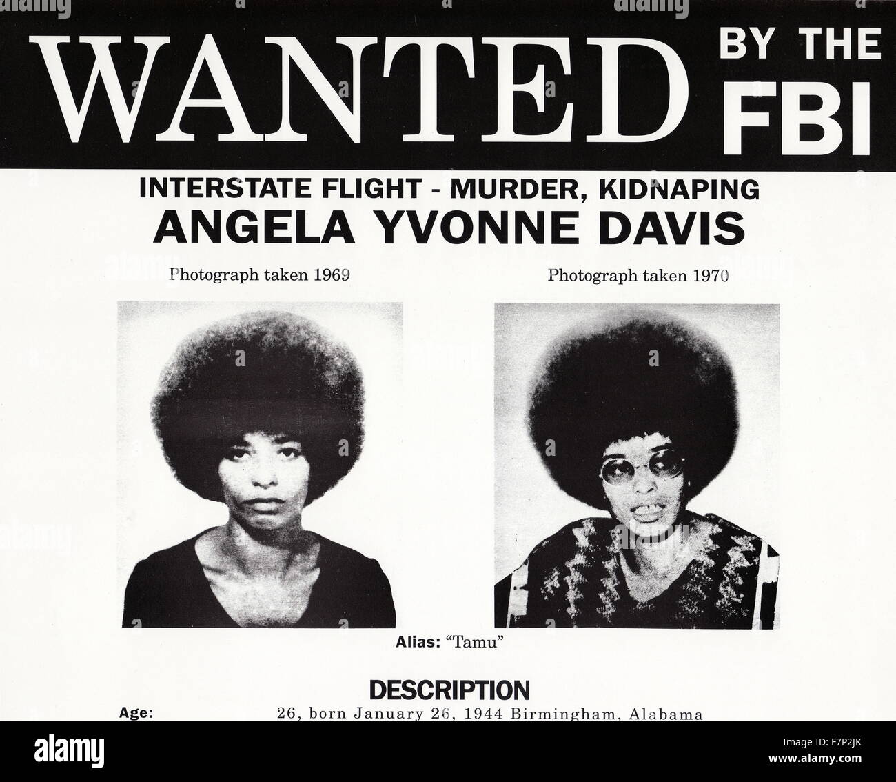 Avis de recherche du FBI pour Angela Davis. Angela Yvonne Davis, née le 26 janvier 1944) est un activiste politique, universitaire et auteur. Elle est apparue comme un éminent activiste de la contre-culture et radicale dans les années 1960 comme un chef de file du Parti Communiste USA, et a entretenu des relations avec le Black Panther Party par son implication dans le mouvement des droits civils, bien qu'elle n'a jamais été un membre du parti. Banque D'Images