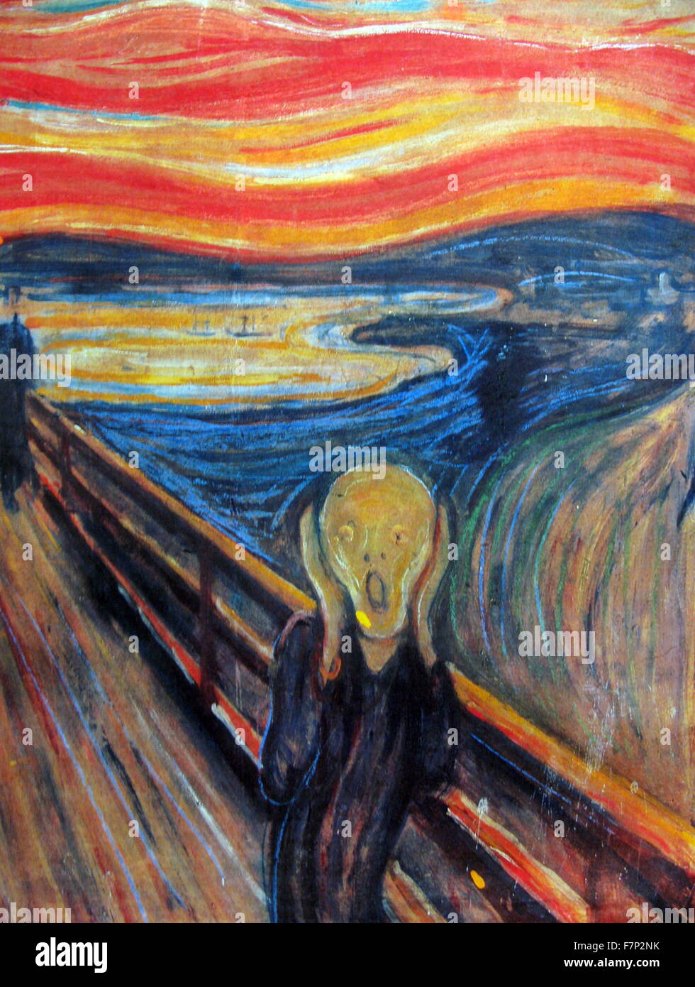 Le Cri (Skrik) 1893 Norvège : version d'une composition, par l'artiste expressionniste Edvard Munch entre 1893 et 1910. Der Schrei der Natur (le cri de la Nature) est le titre Munch a donné à ces œuvres, qui montrent une figure avec une expression atroce contre un paysage avec un ciel orange tumultueuse. Banque D'Images