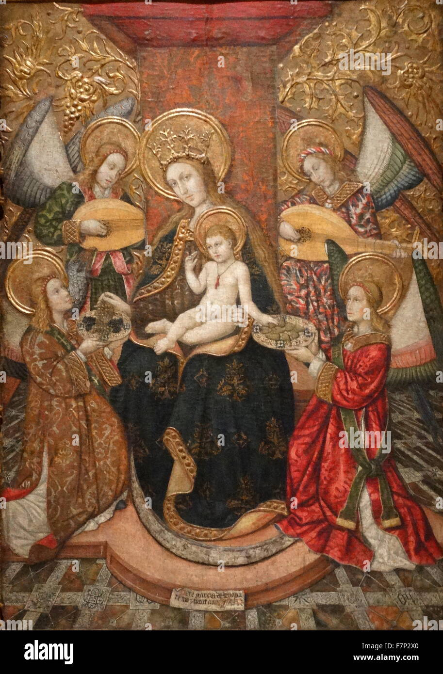 La peinture intitulée 'Vierge et quatre anges' par Pedro Garcia Benavarri, peintre catalan. En date du 15e siècle Banque D'Images