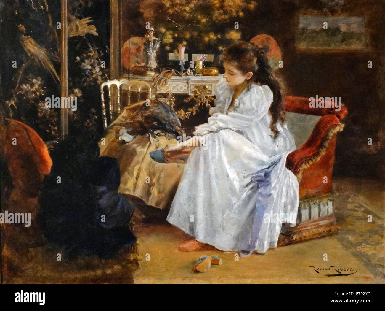 La soirée s'intitule 'peinture' par Romà Ribera (1849-1935) peintre catalan. Datée 1894 Banque D'Images