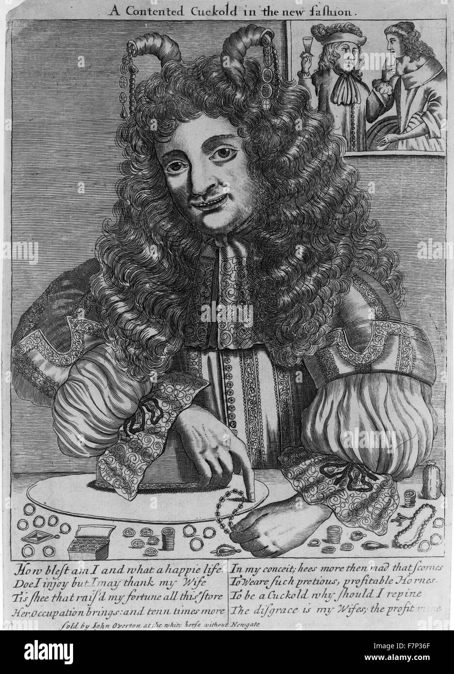 Portrait d'un cocu compter sa richesse sous forme de bijoux que son épouse infidèle reçoit en cadeau. Datée 1680 Banque D'Images