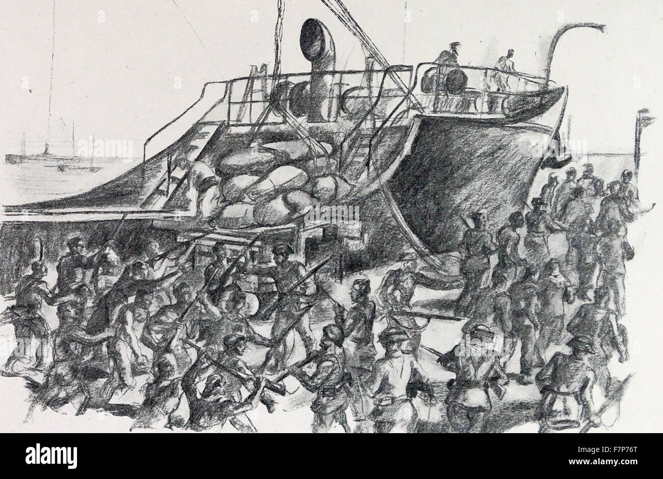 Les marins sont détenus par des républicains de gardes civils au cours de la saisie des docks pendant la guerre civile espagnole. Par Carlos Saenz de Tejada (1897 - 1958 ) peintre et illustrateur espagnol;identifié avec le fasciste (nationaliste) dans la guerre civile espagnole. Banque D'Images