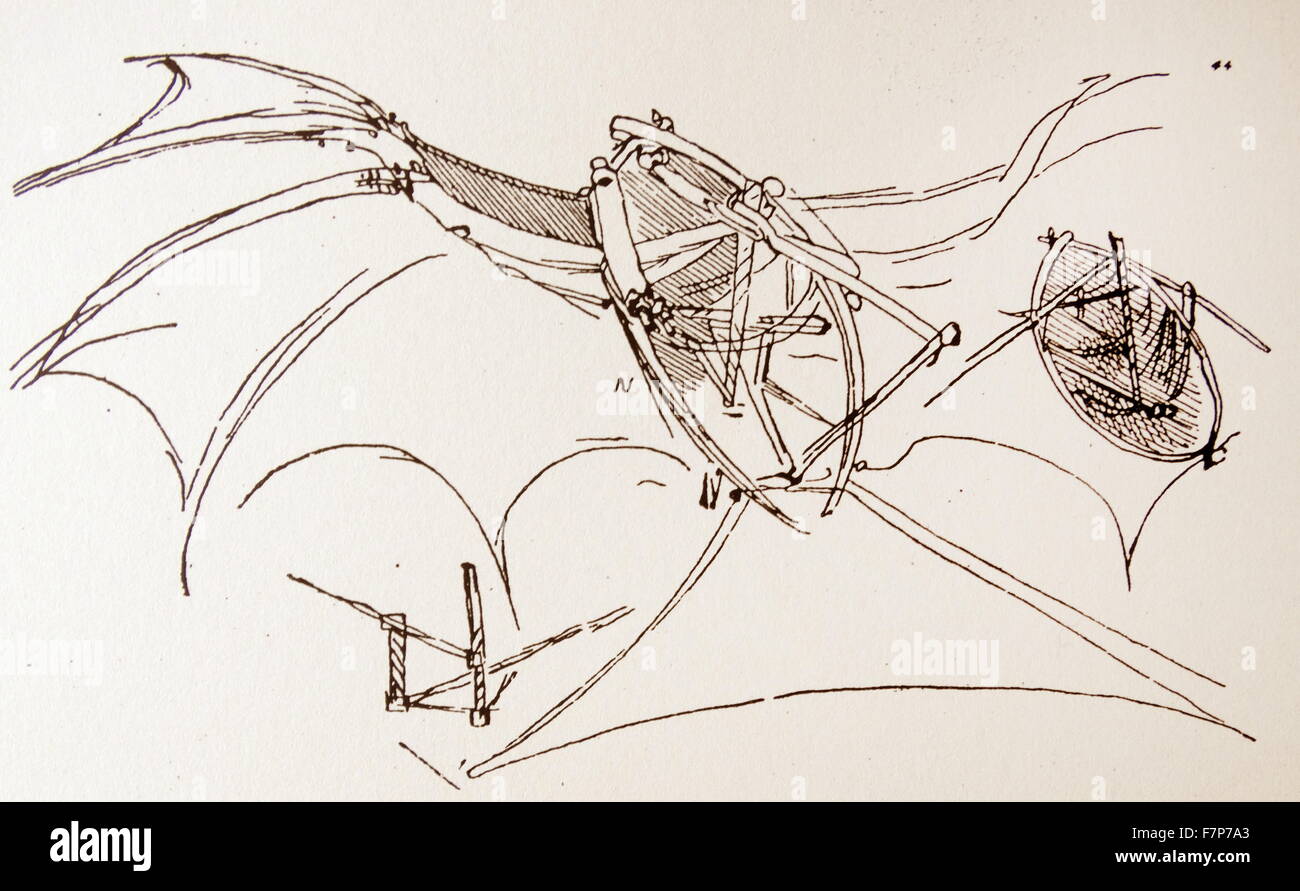 Léonard de Vinci (1452-1519) dessin pour un vol de bateau. Son idée était qu'un certain nombre d'hommes serait en télécabine, et utiliser les leviers à rabat la chante. Banque D'Images