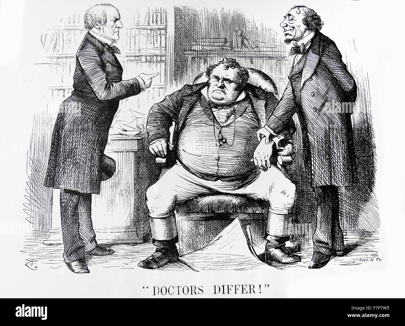 Une différence d'opinion parmi les médecins. DISRAELI, le premier ministre, prend le pouls de John Bull, tandis que Gladstone, chef de l'opposition libérale, estime que son traitement serait plus bénéfique. Banque D'Images