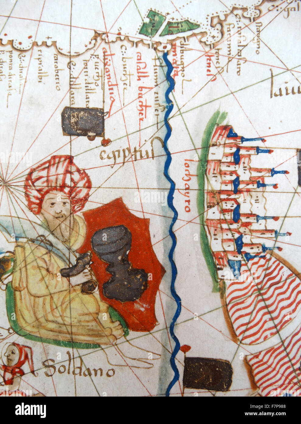 Carte de l'Europe de la Renaissance, Jacopo Russo, 1528, détail, montrant le sultan d'Egypte. A ?m Soliman Pacha (1467 - septembre 1547) Homme d'État ottoman et un commandant militaire. Il était le vice-roi (de) l'Égypte ottomane en 1525-1535 et 1537-1538, et le Grand Vizir de l'Empire ottoman entre 1541 et 1544 Banque D'Images