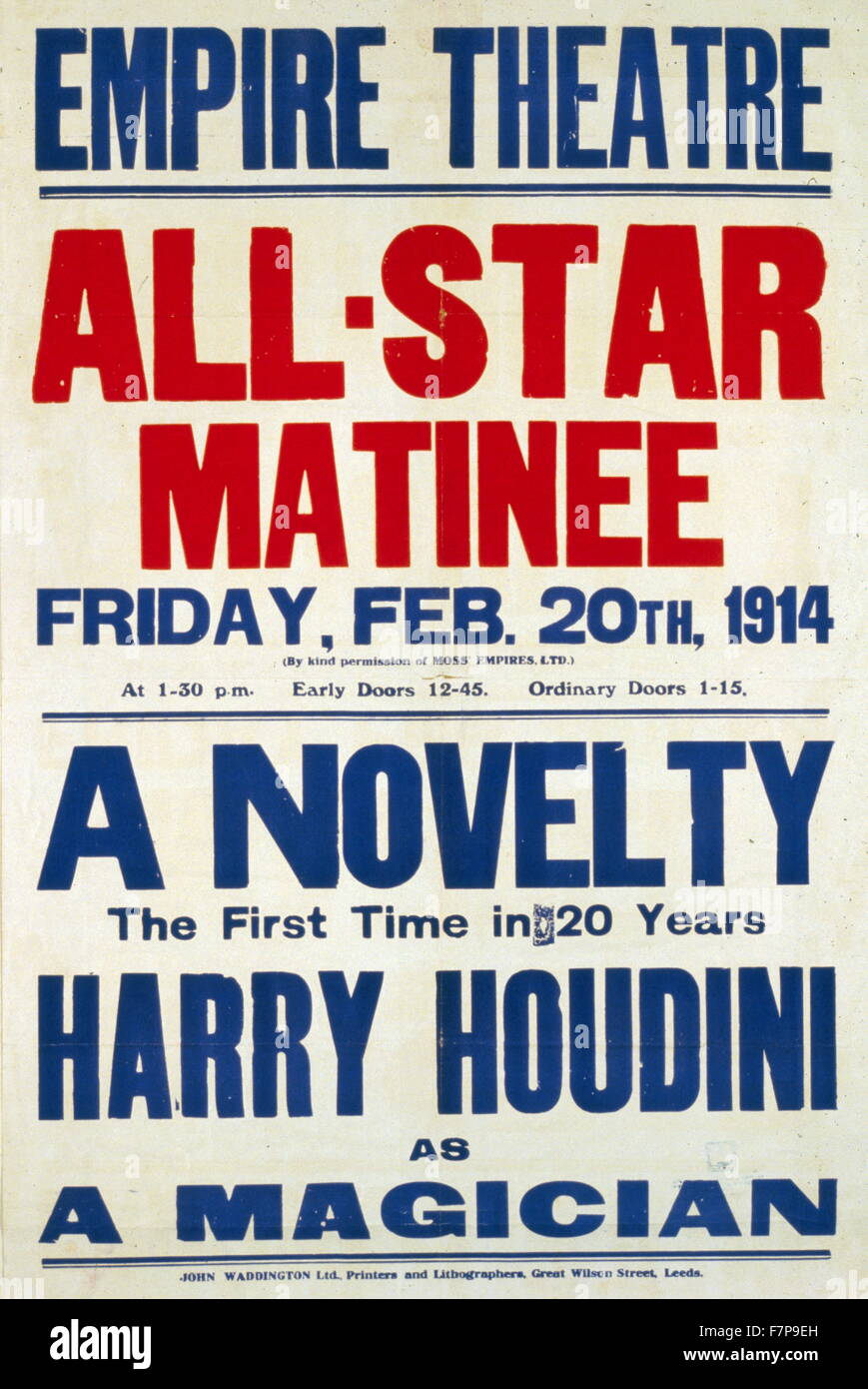 Lithographie couleur, format affiche, publicité Harry Houdini's première nouveauté dans 20 ans. Houdini (1874-1926) était un Hungarian-American illusionniste et stunt performer, remarqué pour ses actes échappent à sensation. En date du 1914. Banque D'Images