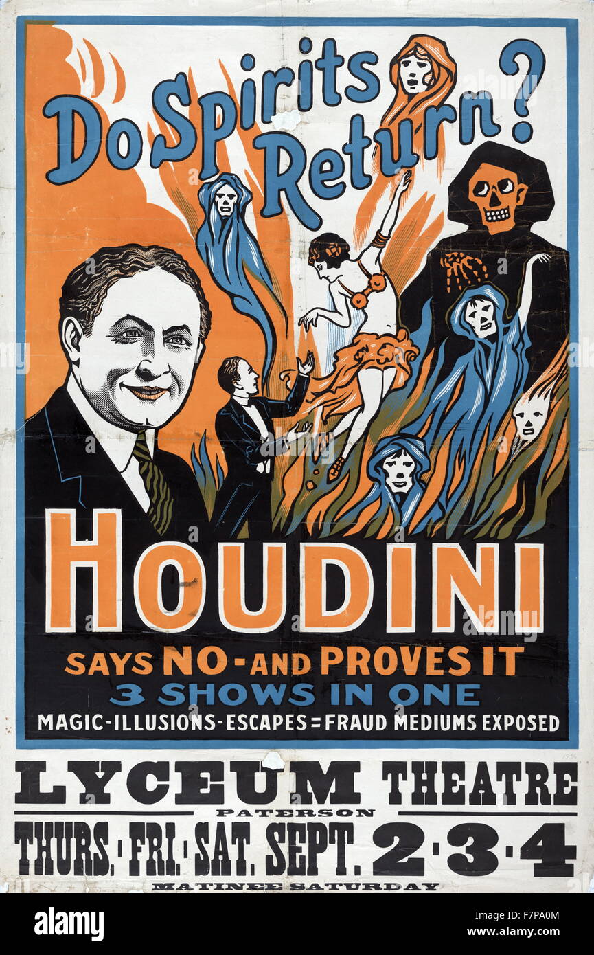 Retour les esprits ? Houdini dit non - et il s'avère 3 montre en un seul : la magie, illusions, s'échappe, la fraude médiums exposés. Lithographie couleur,;sous forme d'affiche. Banque D'Images