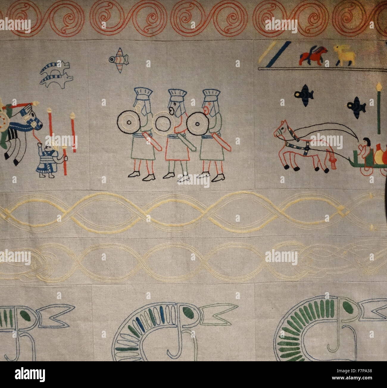 Loisirs (anglo-saxonne) wall hanging montrant des soldats anglais, 8e siècle Banque D'Images