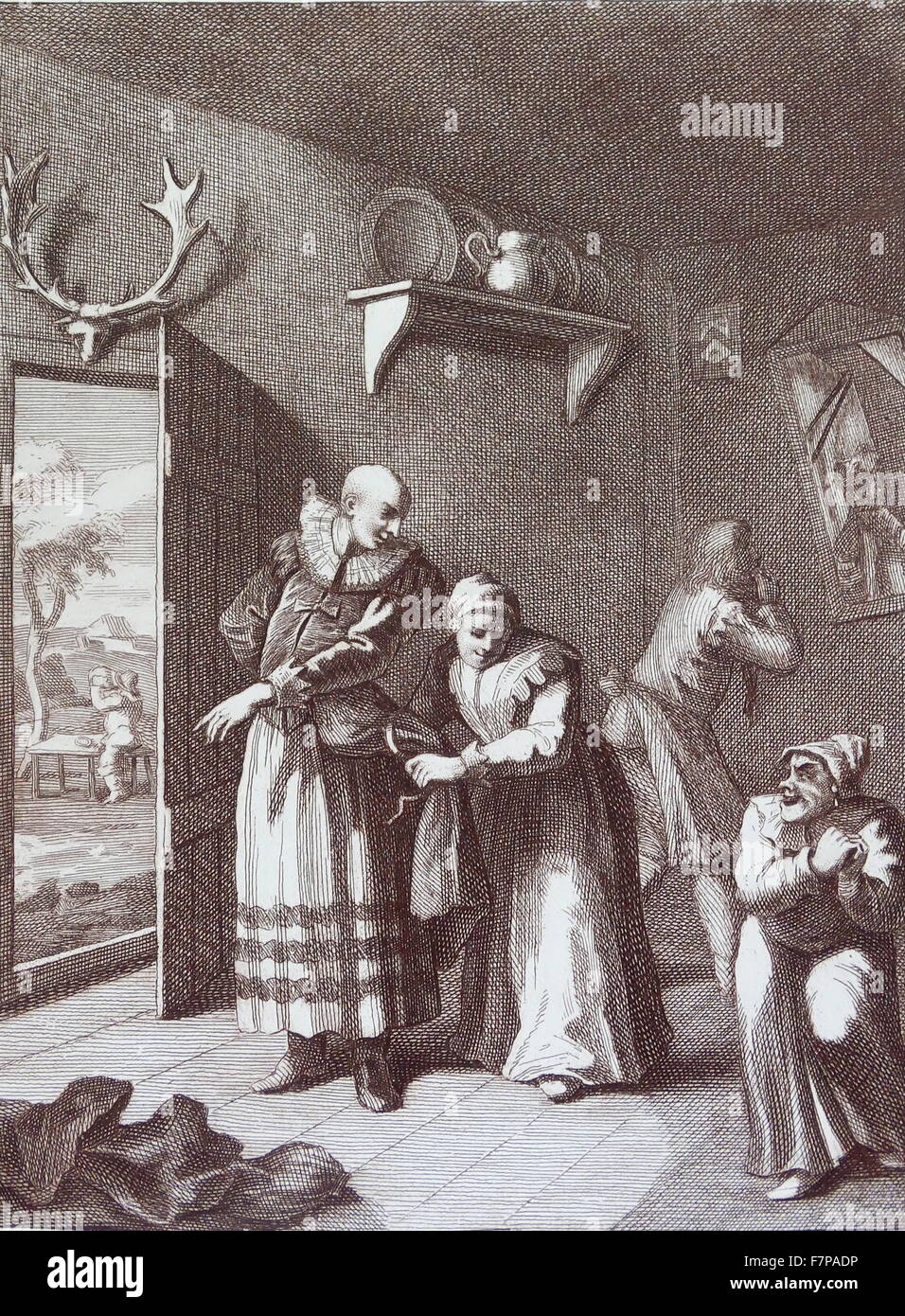 Le curé et le barbier déguisements eux-mêmes à prendre Don Quichotte de la maison. 1754 gravure par William Hogarth;18e siècle Banque D'Images
