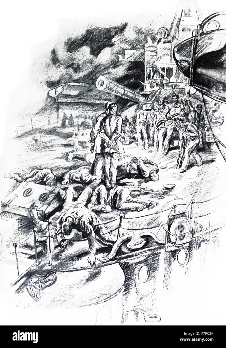 Mutins républicaine saisir un navire pendant la guerre civile espagnole. Illustration par Carlos Saenz de Tejada (1897 - 1958 ) peintre et illustrateur espagnol;identifié avec le fasciste (nationaliste) dans la guerre civile espagnole. Banque D'Images