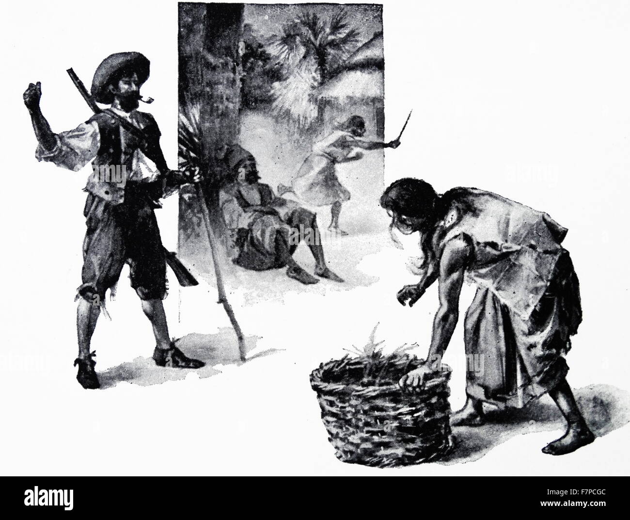 Illustration d'un dix-neuvième siècle, édition de 'Robinson Crusoe' un roman de Daniel Defoe. Le livre a été publié pour la première fois le 25 avril 1719. Il raconte l'histoire de Robinson Crusoé, échoué sur une île déserte depuis 28 ans et sa lutte pour la survie. Banque D'Images