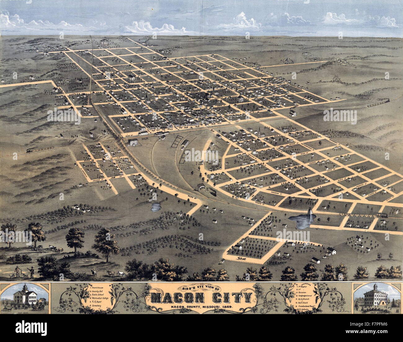 Impression couleur de la ville de Macon, Macon County, Missouri. Datée 1869 Banque D'Images