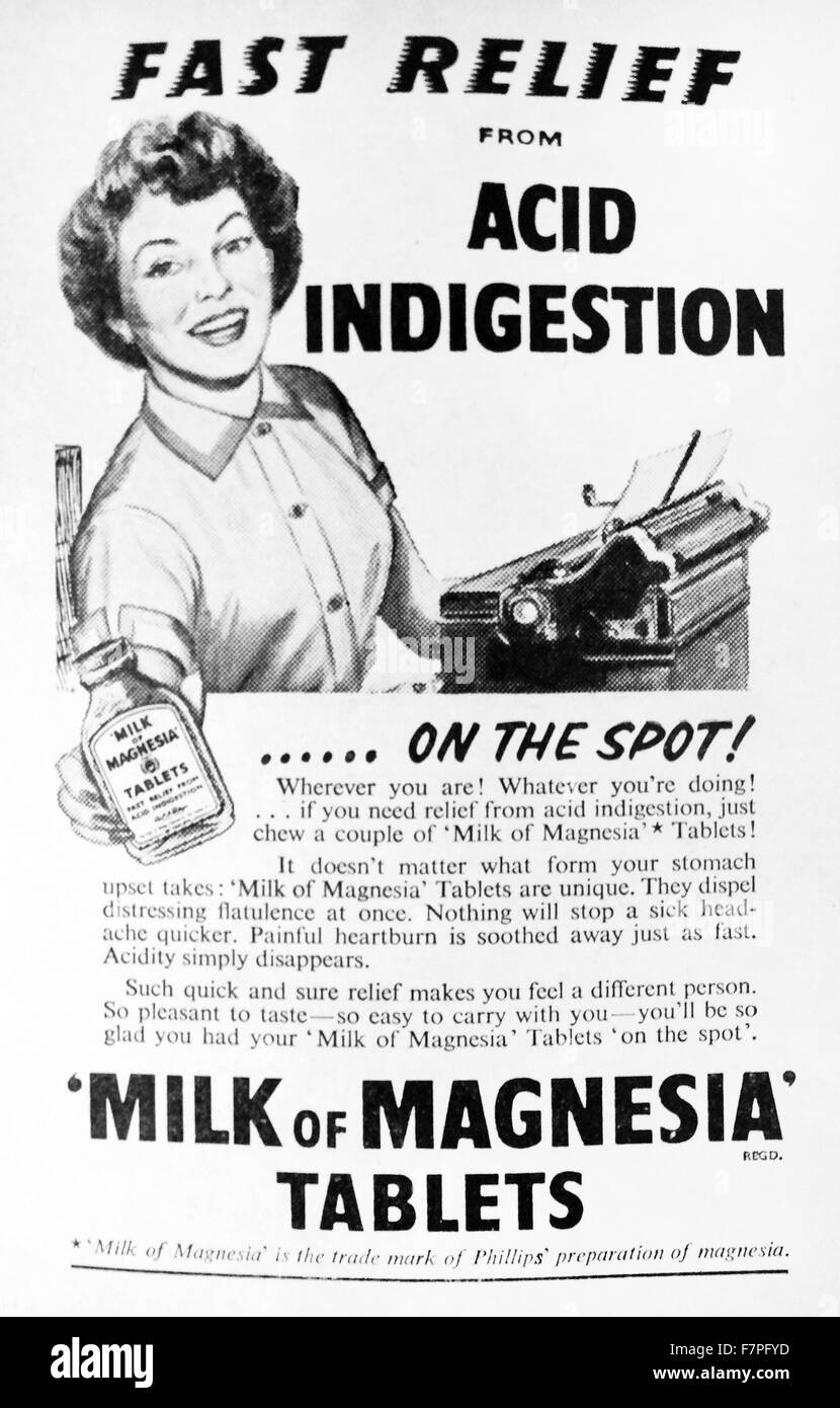Publicité pour le lait de la médecine l'indigestion de la magnésie" 1935 Banque D'Images