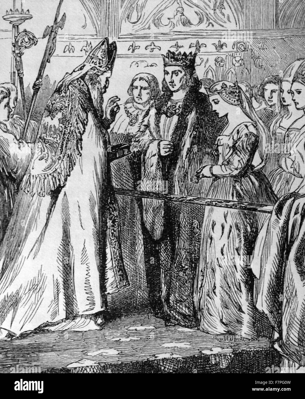 Le mariage du roi Henry VII et Elizabeth d'York. Henry VII Tudor (Gallois : Harri;28 Janvier 1457 - 21 avril 1509) fut roi d'Angleterre, a jugé la Principauté de galles[1] (jusqu'au 29 novembre 1489) et Seigneur d'Irlande à partir de sa saisie de la couronne le 22 août 1485 jusqu'à sa mort le 21 avril 1509, comme le premier monarque de la maison de Tudor. Banque D'Images