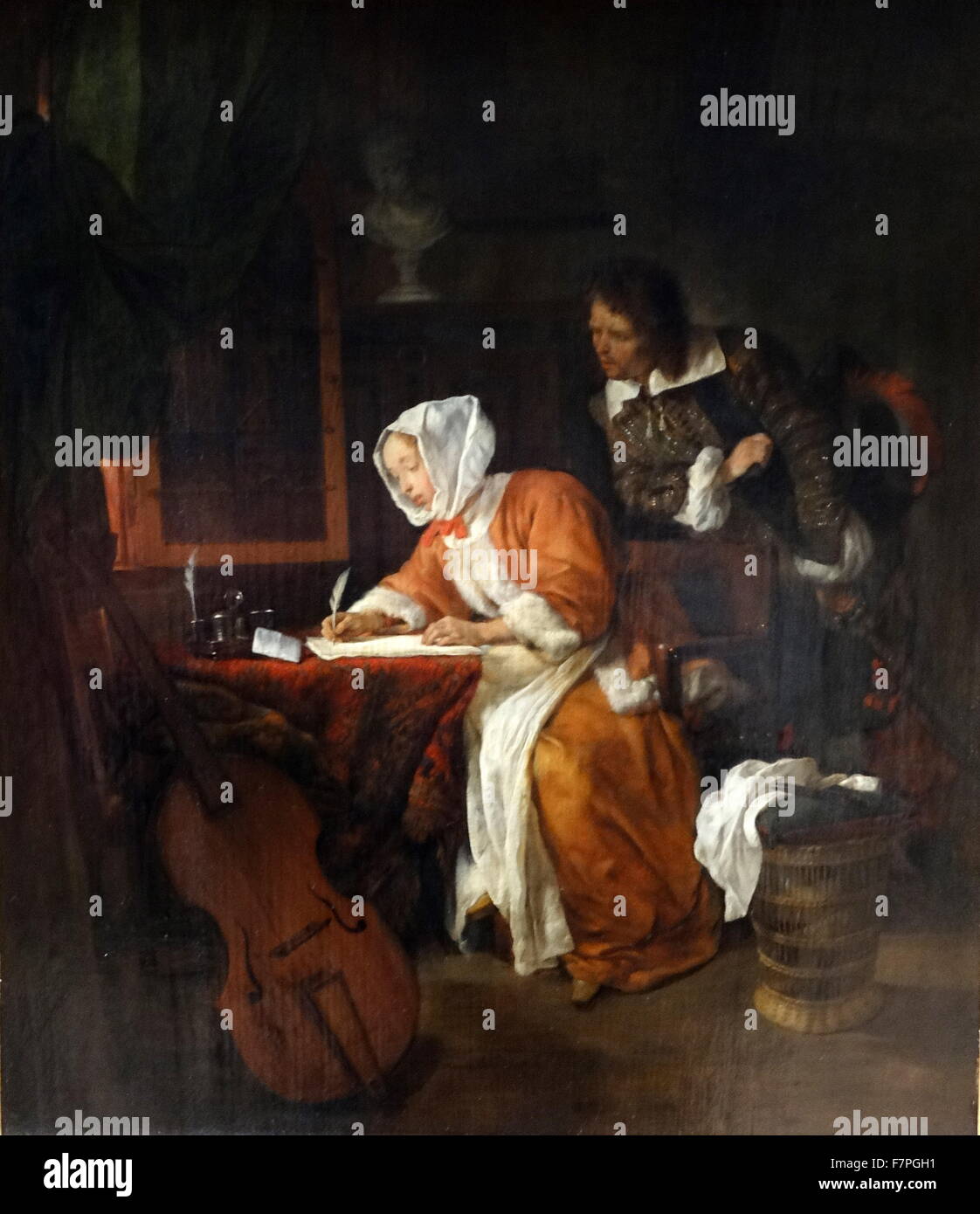 La peinture intitulée The Letter-Writer surpris' par Gabriël Metsu (1628-1667) peintre de l'histoire des tableaux, natures mortes, portraits et scènes de genre exquis. En date du 17e siècle Banque D'Images