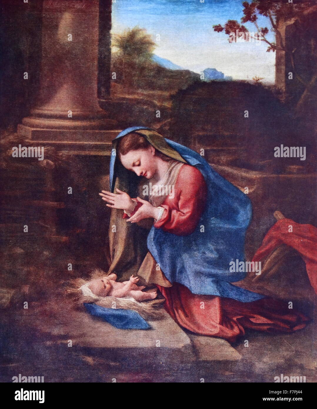 La peinture intitulée 'La Vierge adorant l'Enfant Jésus" par Antonio da Correggio (1489-1534) peintre de l'école de Parme de la Renaissance italienne. En date du 16e siècle ; Banque D'Images
