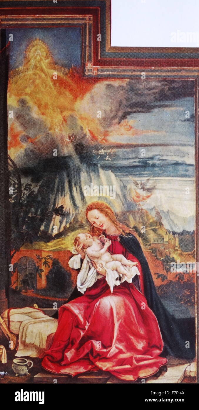 La peinture intitulée 'L'Annonciation, la Vierge et l'enfant avec des anges, de la résurrection, de l'autel d'Issenheim' par Matthias Grünewald (1470-1528) peintre de la Renaissance allemande d'oeuvres religieuses. En date du 16e siècle Banque D'Images