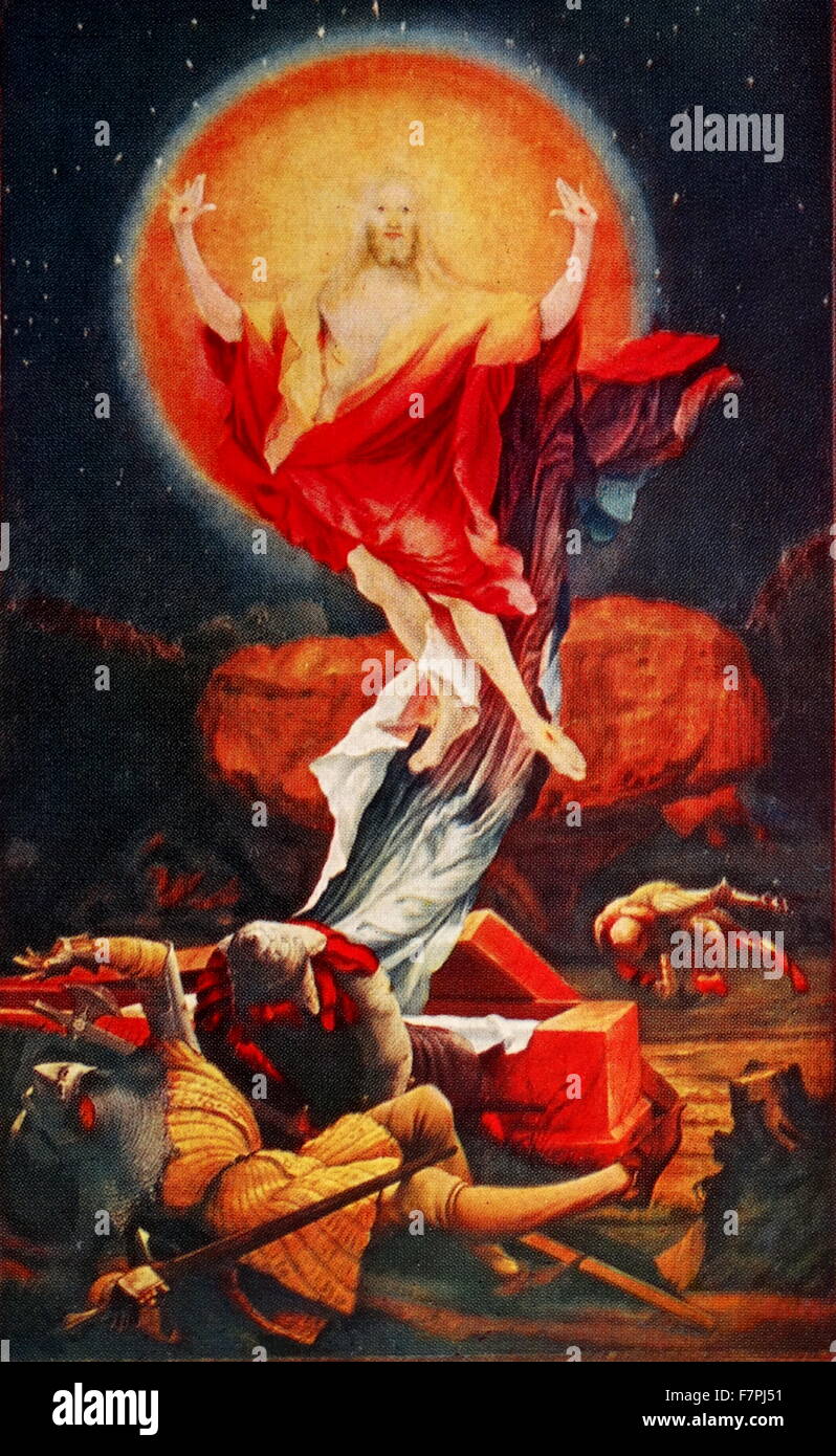 La peinture intitulée 'L'Annonciation, la Vierge et l'enfant avec des anges, de la résurrection, de l'autel d'Issenheim' par Matthias Grünewald (1470-1528) peintre de la Renaissance allemande d'oeuvres religieuses. En date du 16e siècle Banque D'Images