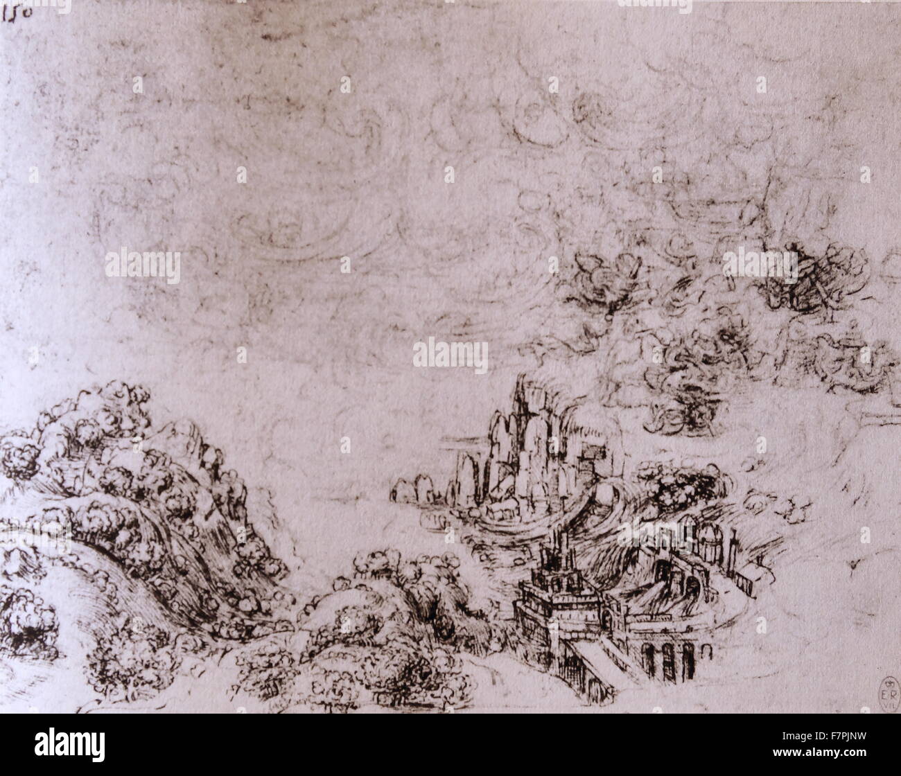 Paysage côtier dans une tempête par Léonard de Vinci (1452-1519) mathématicien italien dont les domaines d'intérêt comprennent l'invention, la peinture, la sculpture, l'architecture, les sciences, la musique et les mathématiques. En date du 16e siècle Banque D'Images