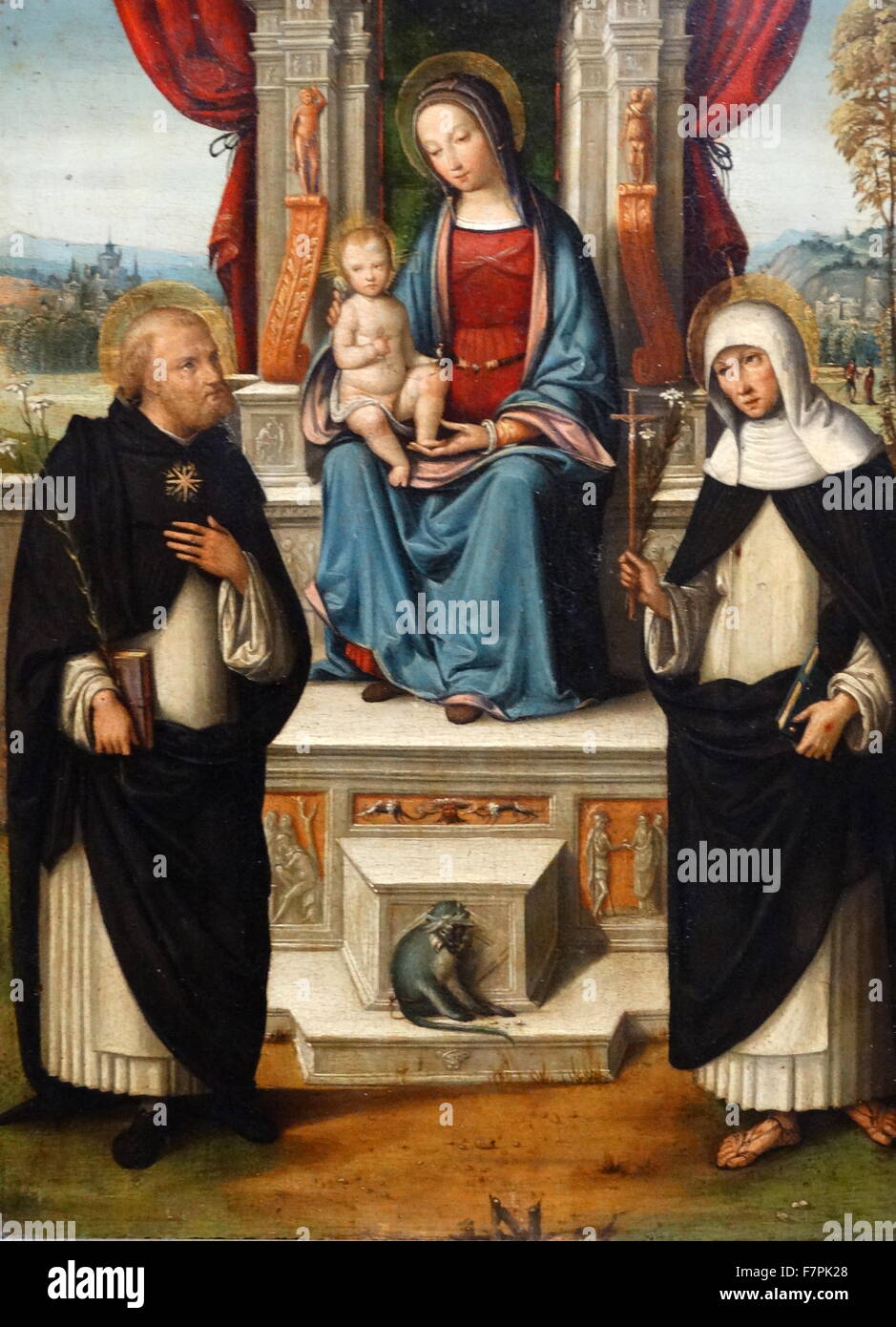 La peinture intitulée "La Vierge et l'enfant avec les Saints Dominique et Catherine de Sienne' par Benvenuto Tisi (1481-1502) Late-Renaissance-peintre italien maniériste de l'École de Ferrare. En date du 16e siècle Banque D'Images