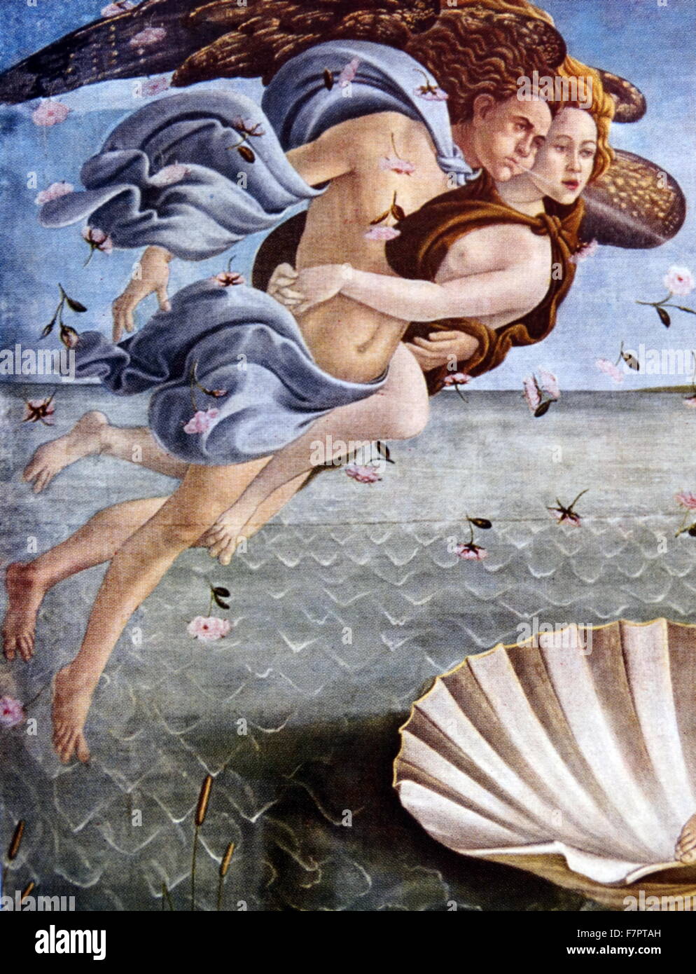La Naissance de Vénus (détail);par Sandro Botticelli;peintre italien, vers 1445 - 1510. Il appartenait à la première Renaissance Florentine, sous le patronage de l'École de Lorenzo de' Medici. La Naissance de Vénus (Nascita di Venere) par Sandro Botticelli généralement considérées ont été peints dans le milieu des années 1480. Elle représente la déesse Vénus, ayant émergé de la mer comme une femme adulte, arrivant à la côte. Banque D'Images