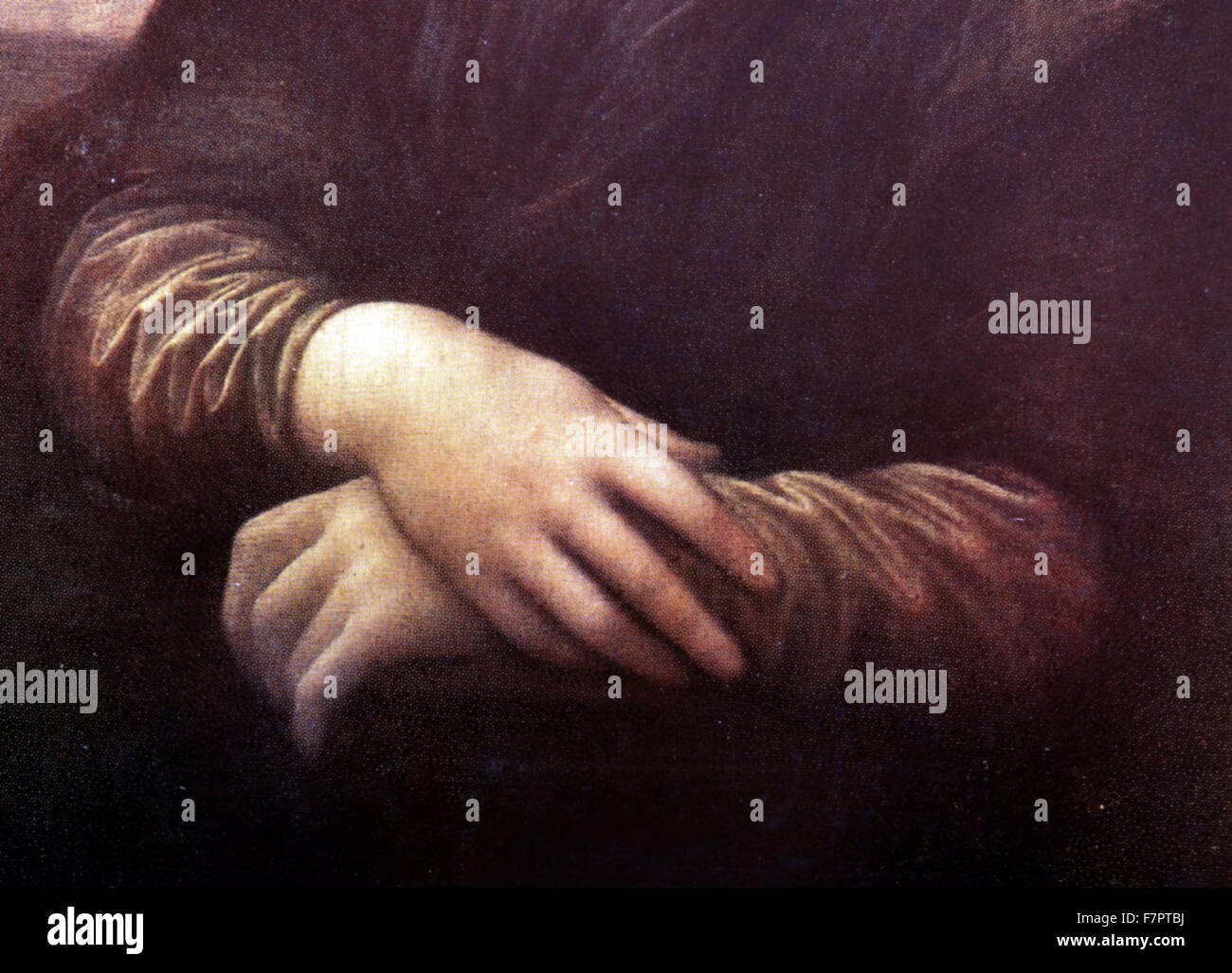 Détail de la Joconde ou La Gioconda ou la Joconde, par l'artiste italien Leonardo da Vinci, 1452 - 1519. La peinture, pensé pour être un portrait de Lisa Gherardini, épouse de Francesco del Giocondo, est dans l'huile sur un panneau de peuplier blanc, et est soupçonné d'avoir été peintes entre 1503 et 1506. Banque D'Images