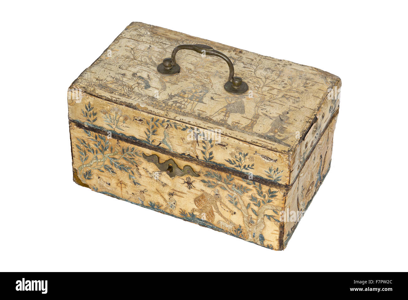 Un trois quart d'une boîte en écorce de bouleau, brodé de poils d'orignal, faite par les Amérindiens, ch. 1800. La décoration de la boîte de montre des scènes contemporaines des deux colons européens et les peuples autochtones d'Amérique. Banque D'Images