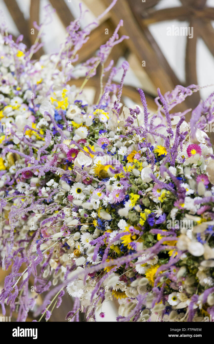 Détail de la guirlande de Noël dans le hall de l'Hôtel Laminak Tudor, Cornwall. Le garland est construit chaque année de fleurs cultivées et séchées à Cotehele - une tradition qui a débuté dans les années 1950. 2013 a été une année record, avec environ 40 000 décisions fleurs Banque D'Images