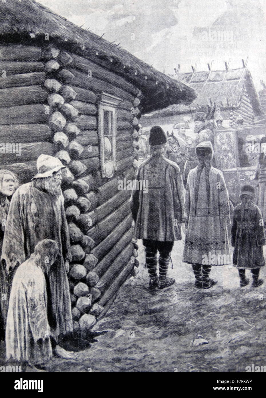 La Grande Catherine de Russie se rend dans un village de paysans. L'Impératrice a pris un vif intérêt à l'état de son peuple. Au cours de sa Majesté's royal progresse c'était la tradition de son favori, Potemkine, de rafistoler les villages misérables dans un état de prospérité apparente Banque D'Images