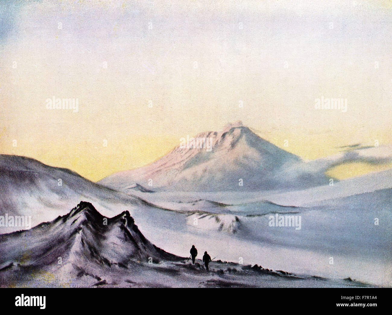 Le mont Erebus, île de Ross, en Antarctique, vu de Hut Point. Après une couleur de l'eau par le Dr E. A. Wilson tiré sur la deuxième expédition de Scott, 1911 - 1913. Banque D'Images