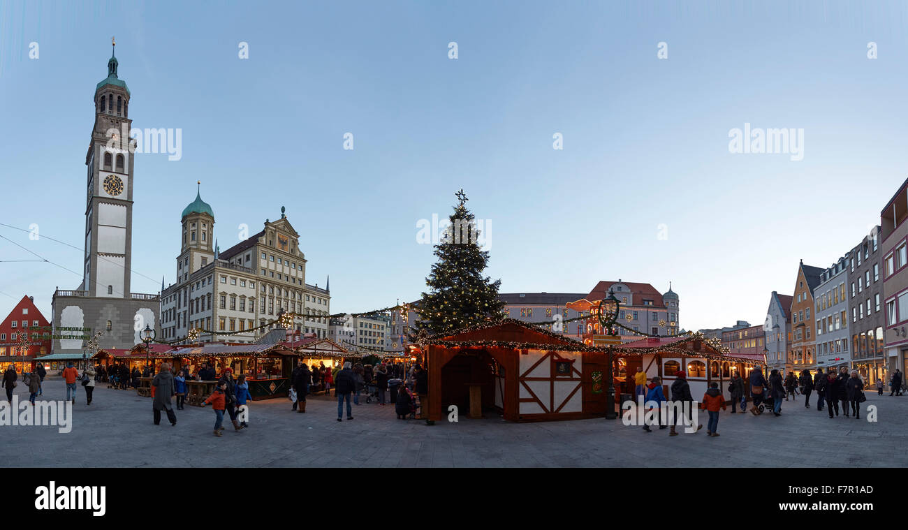 Marché de Noël Augsburg, Rathausplatz, avec l'Hôtel de Ville et Perlachturm, panoramique, Augsbourg, Bavière, Allemagne, Banque D'Images